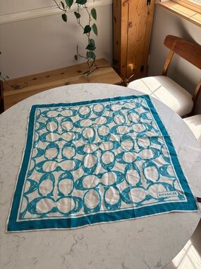 Coach Teal & Cream Signature Print Silk Scarf